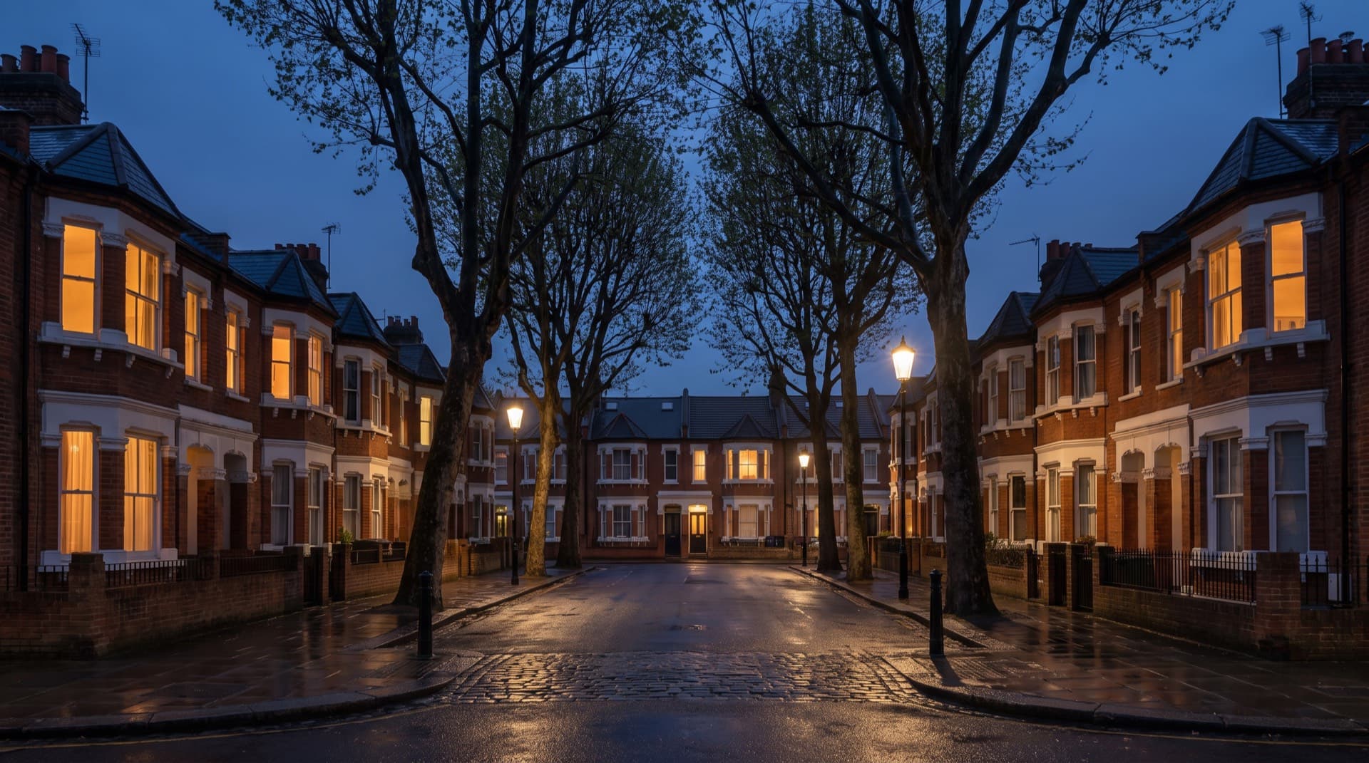 Tree-lined Victorian terraced street in Balham at dusk
