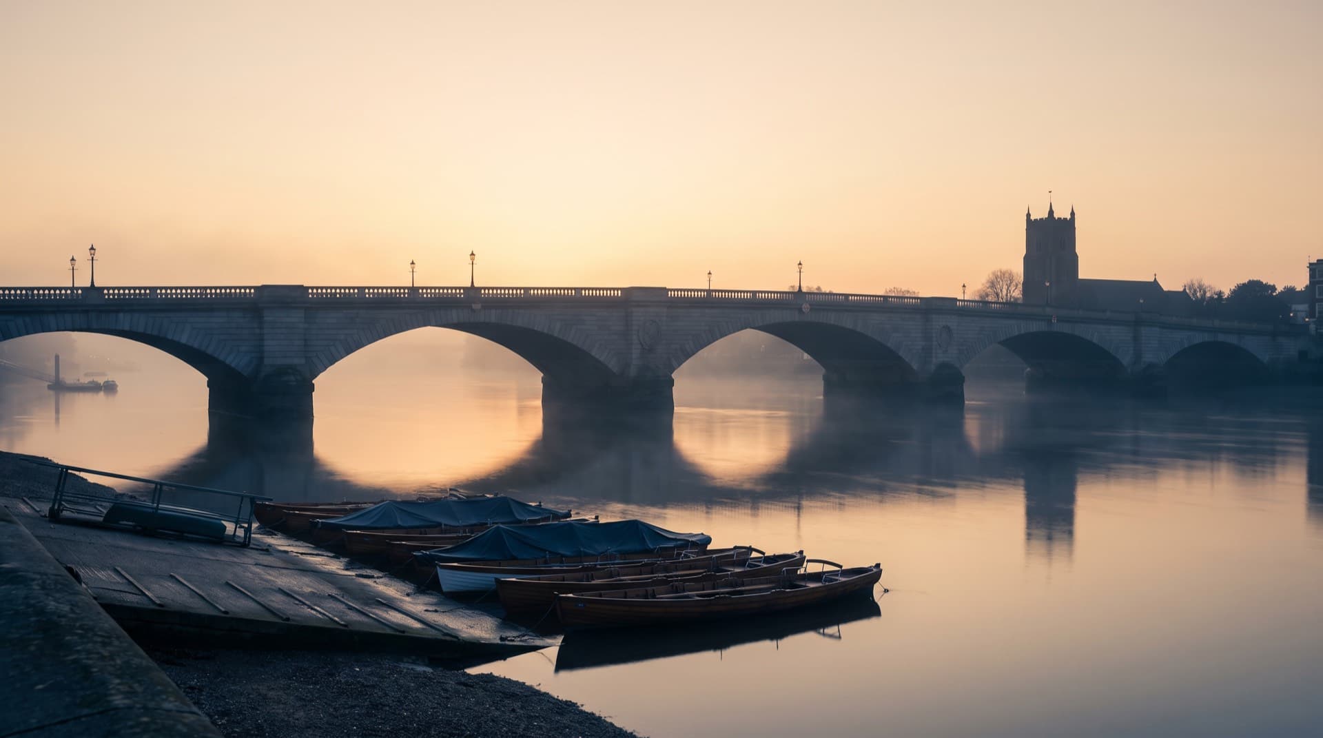 Putney Bridge over the River Thames at sunrise, with rowing boats on the embankment