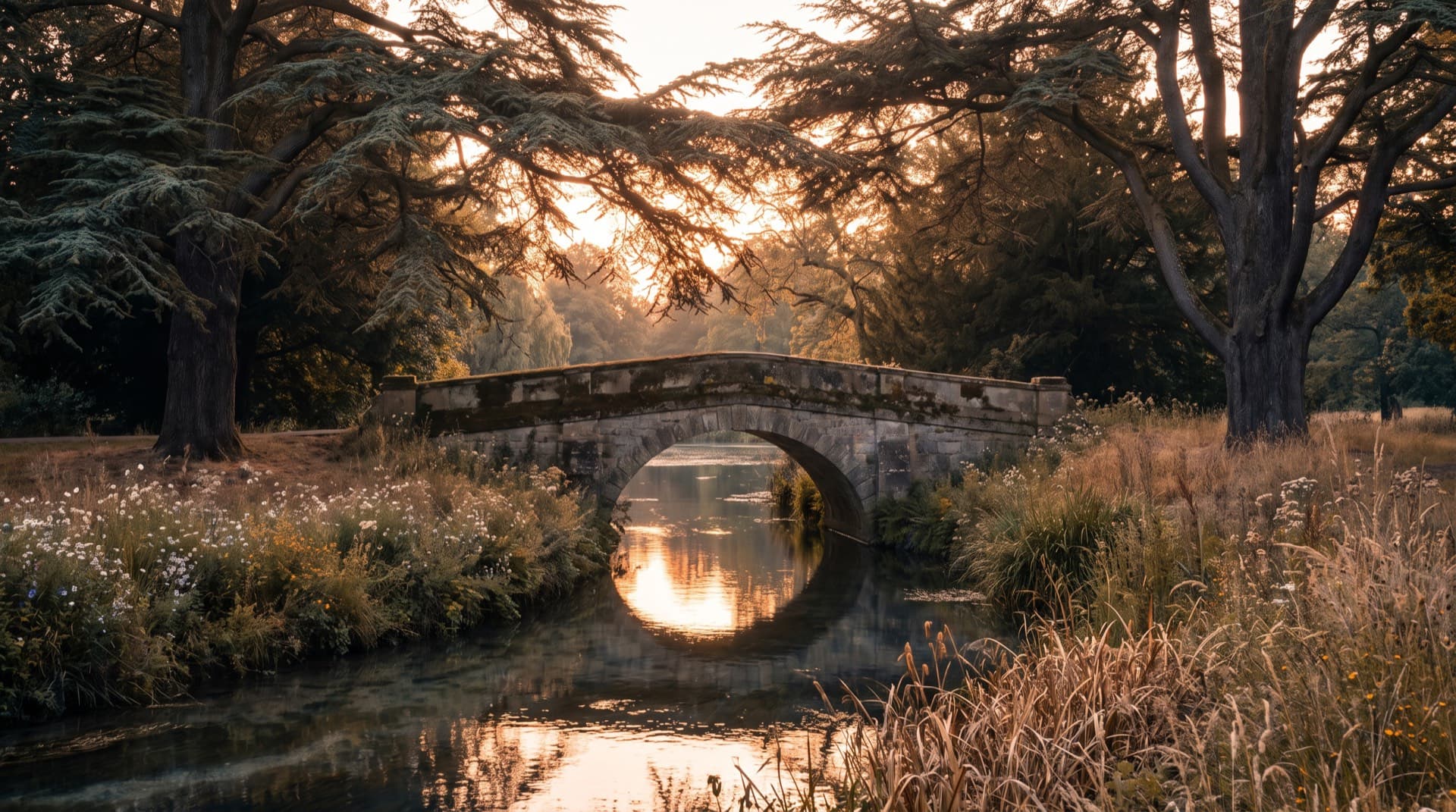 The stone bridge and stream in a Wallington park at golden hour
