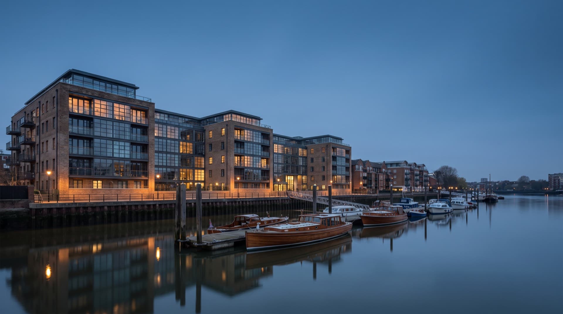 Riverside apartments along the Thames at Wandsworth Town at twilight