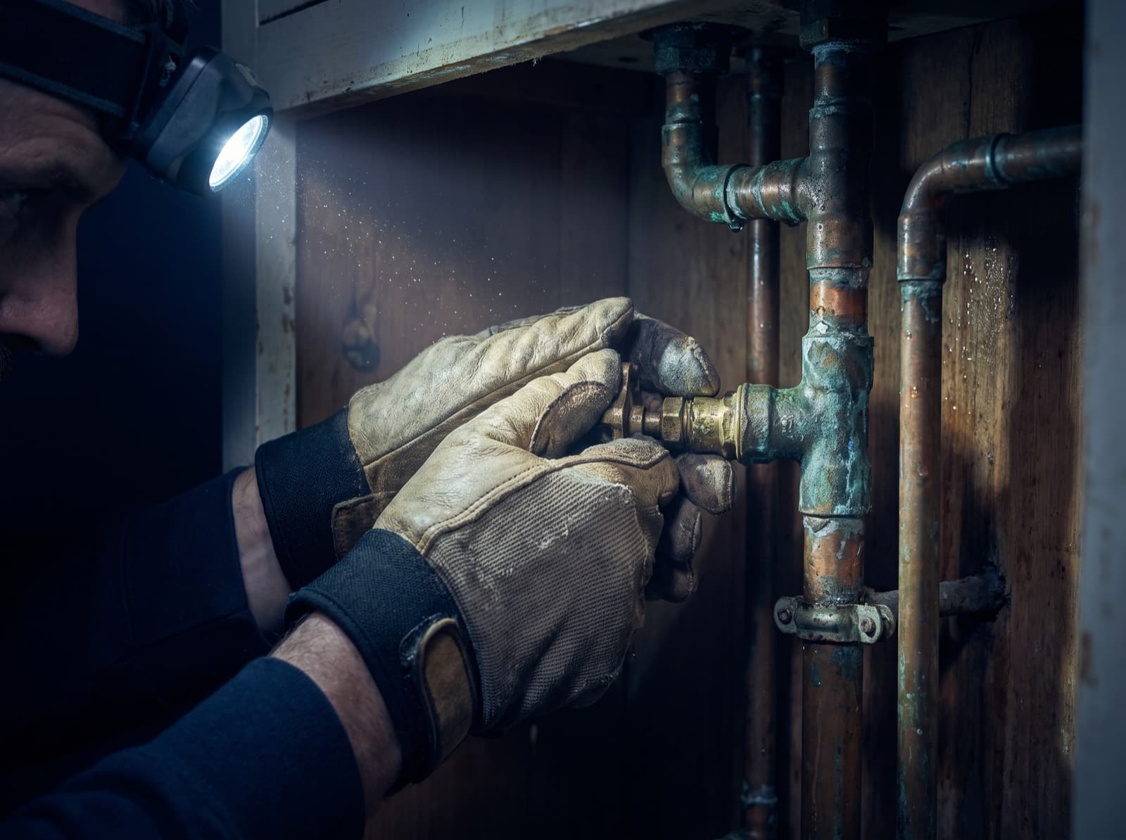 A plumber's gloved hands closing a brass stopcock on copper pipework by torchlight