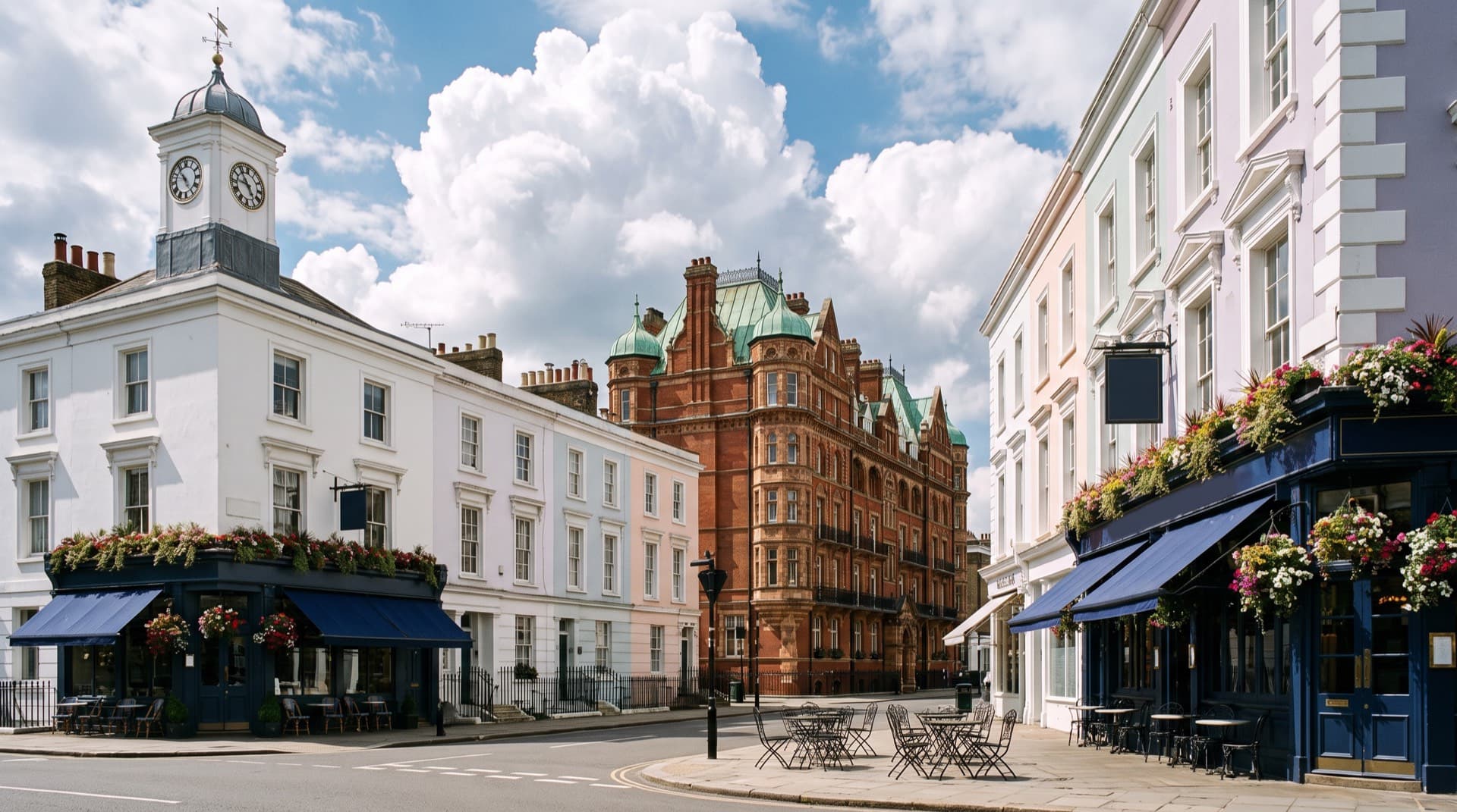 Wimbledon Village's high street junction with its clock turret on a summer day