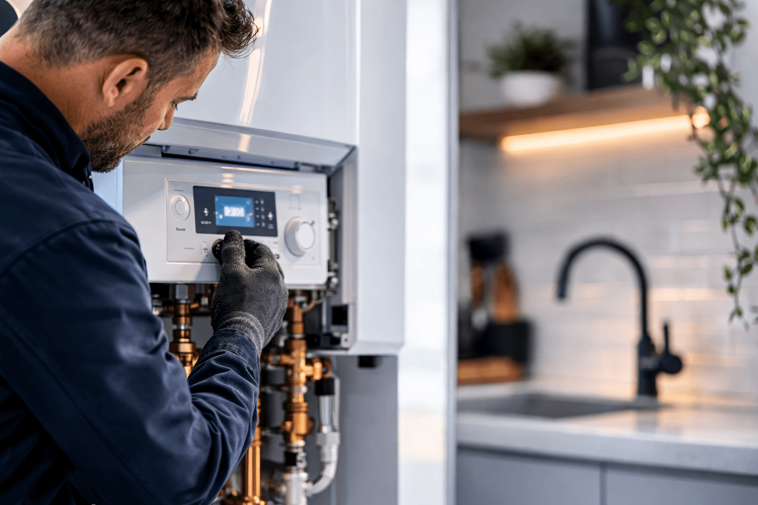 Professional gas engineer servicing a boiler