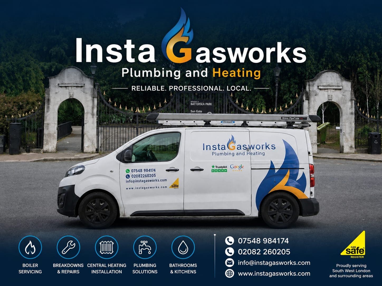InstaGasworks Plumbing and Heating van at Battersea Park. Reliable, professional, local. Boiler servicing, breakdowns and repairs, central heating installation, plumbing solutions, bathrooms and kitchens. Call 07548 984174 or 0208 226 0205, or email info@instagasworks.com. Gas Safe registered, proudly serving South West London and surrounding areas.