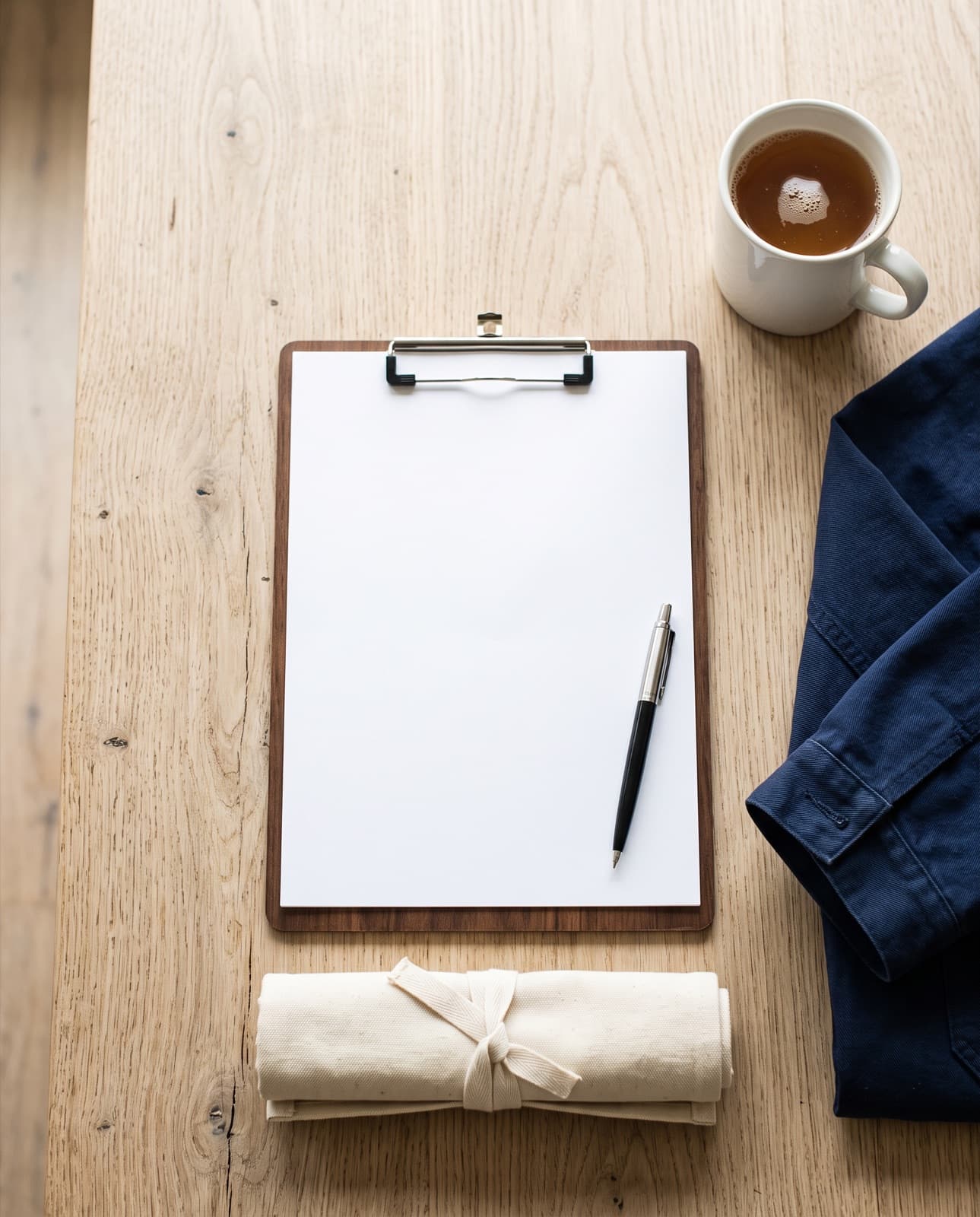 A blank quotation sheet on a clipboard with a pen, tool roll and mug of tea on a kitchen table