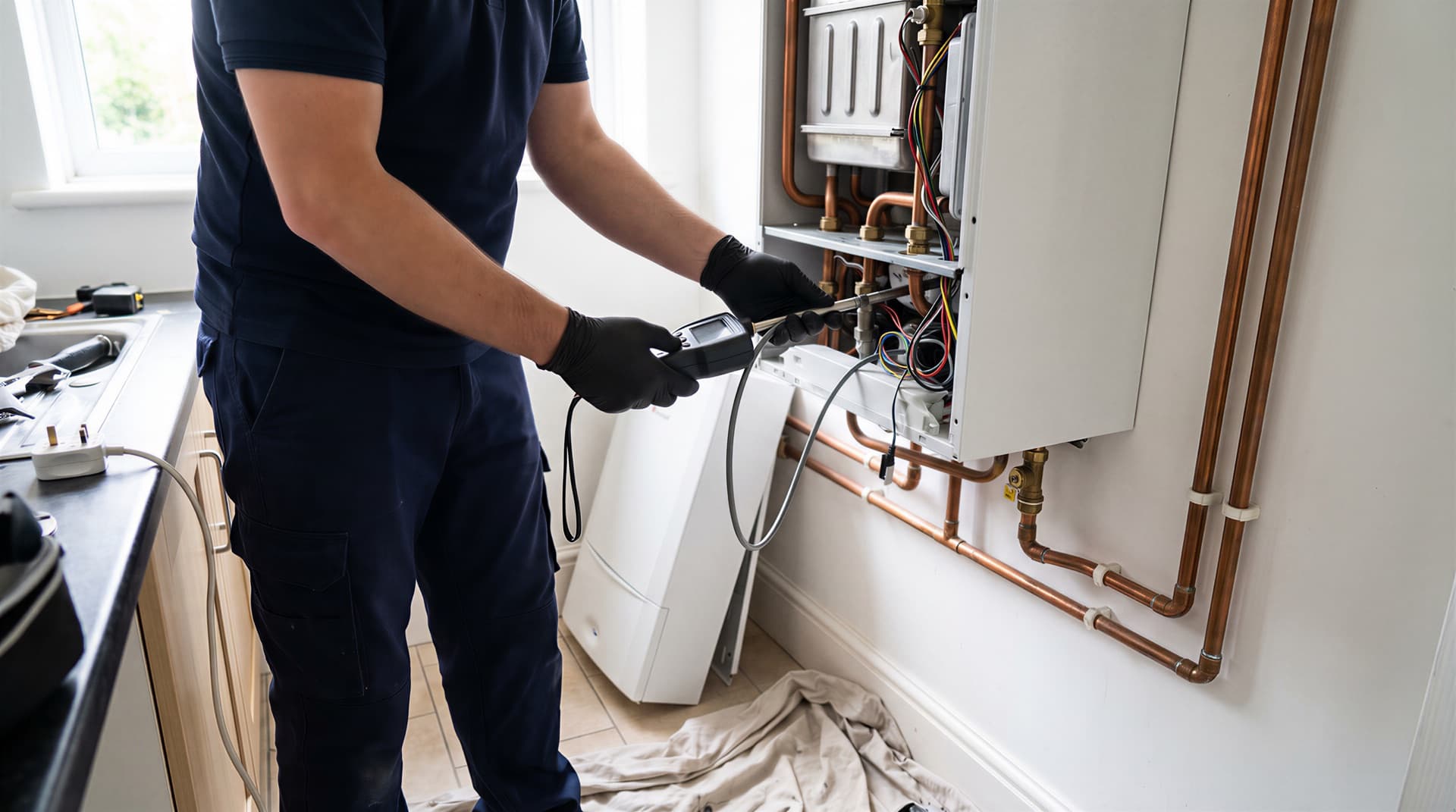 A Gas Safe engineer testing a wall-mounted combi boiler with a flue gas analyser