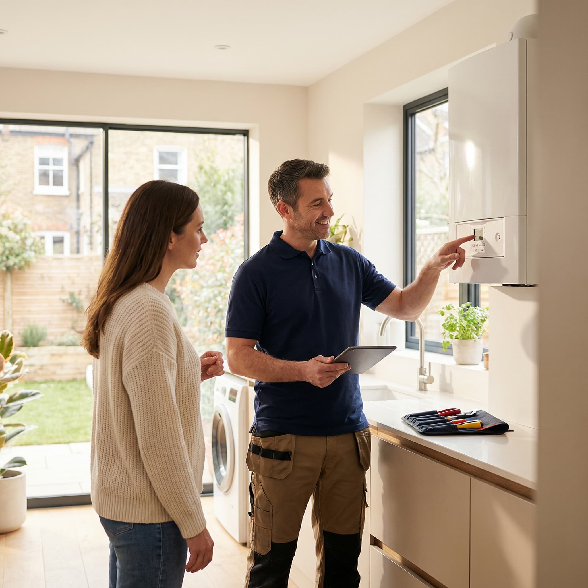 Engineer explaining a boiler check to a homeowner