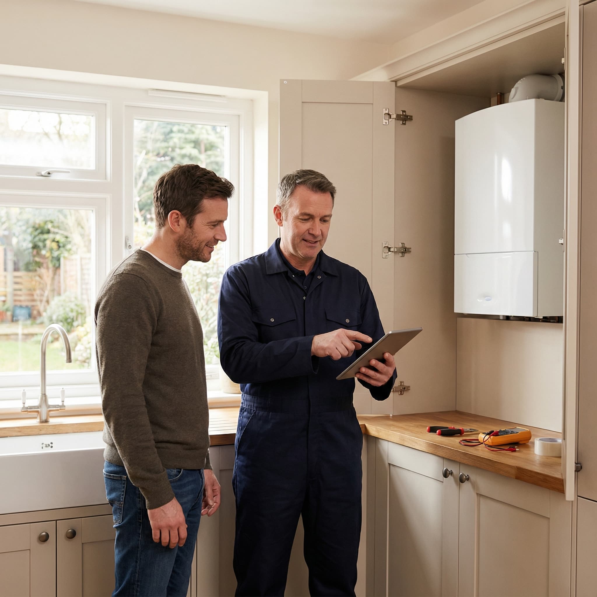 Engineer reviewing boiler information on a tablet with a homeowner