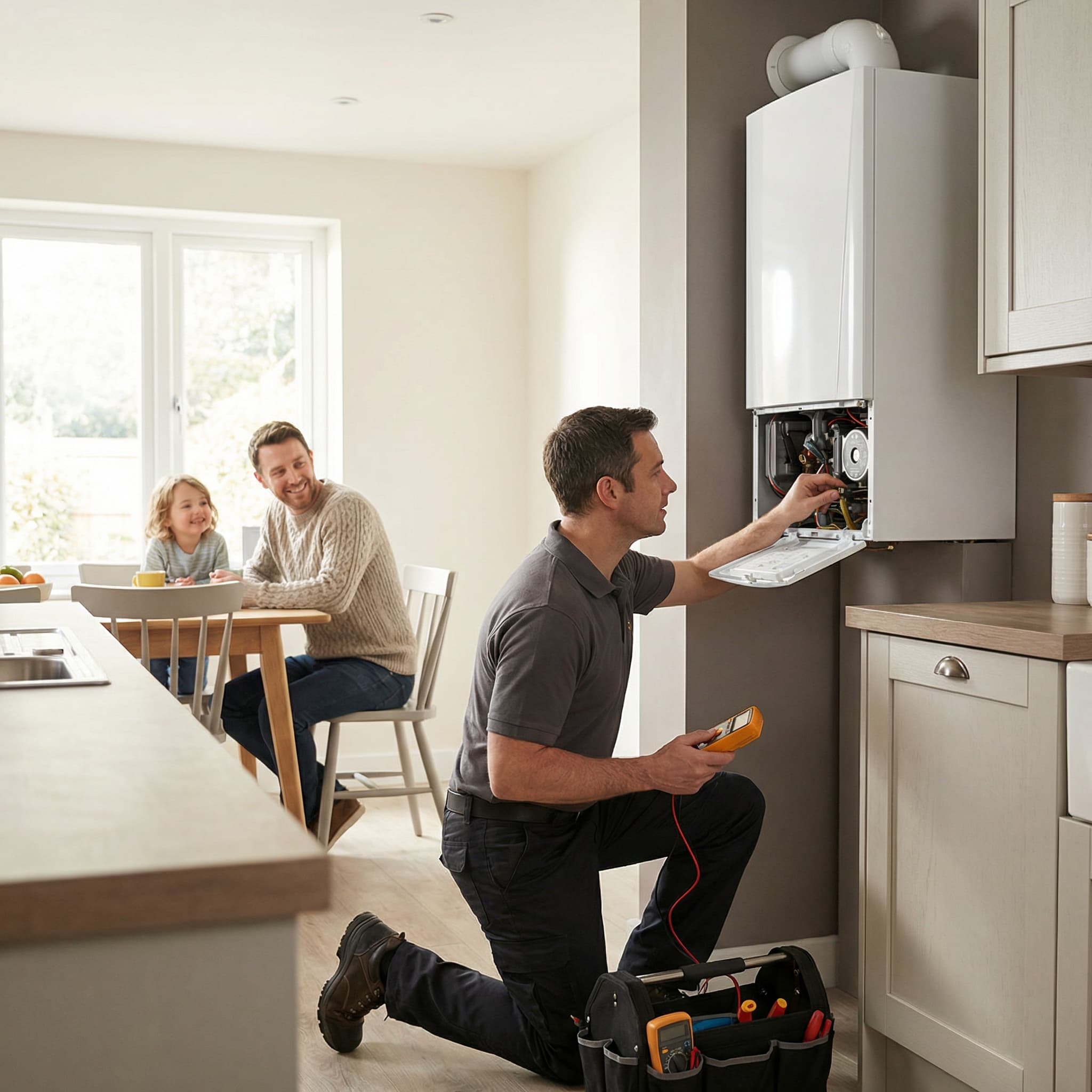 Engineer servicing a boiler in a family kitchen