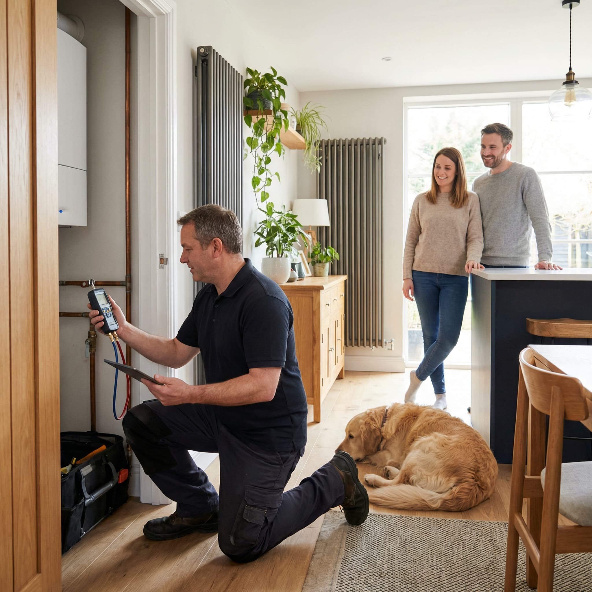 Engineer checking a home heating system while a couple looks on