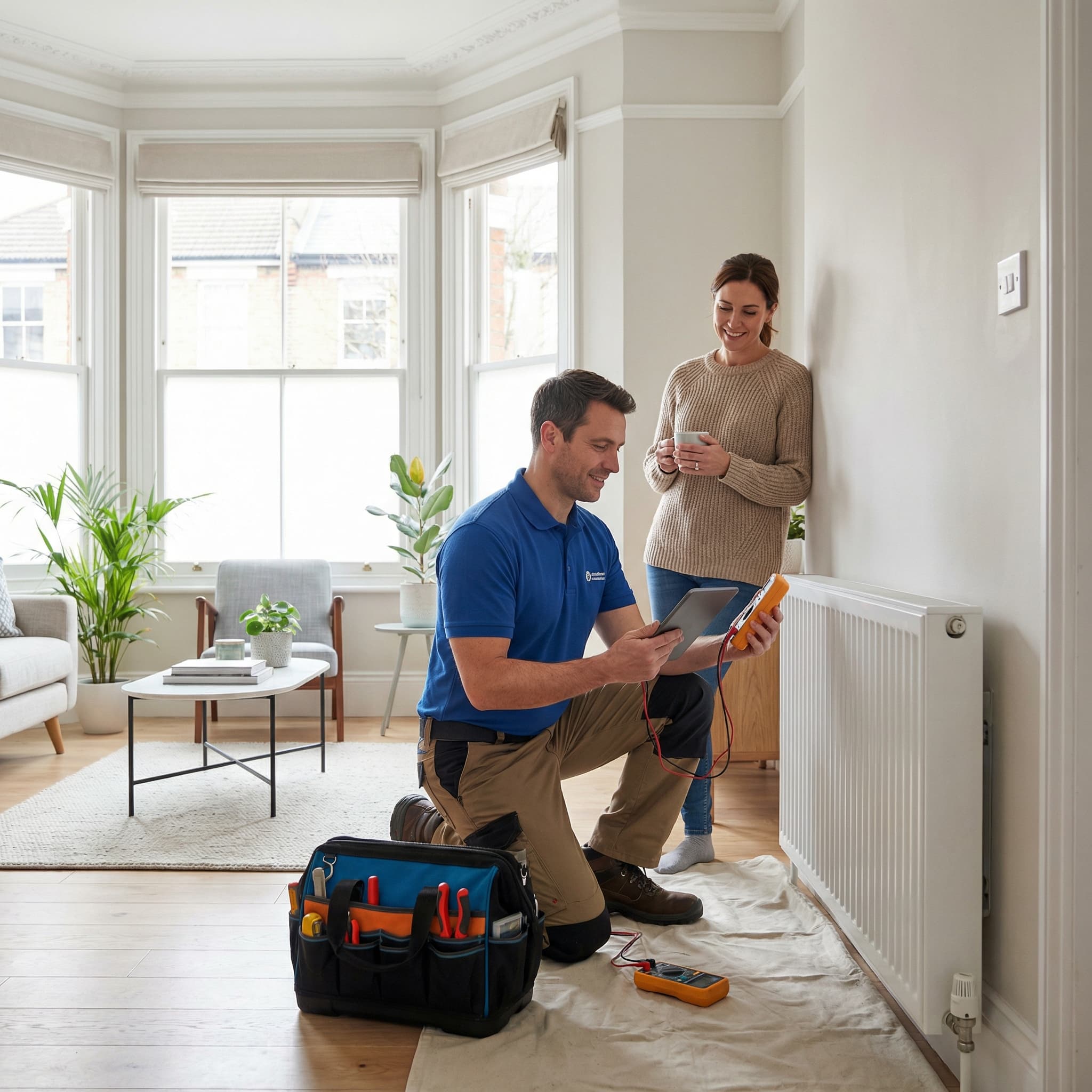 Engineer testing a radiator while the homeowner looks on